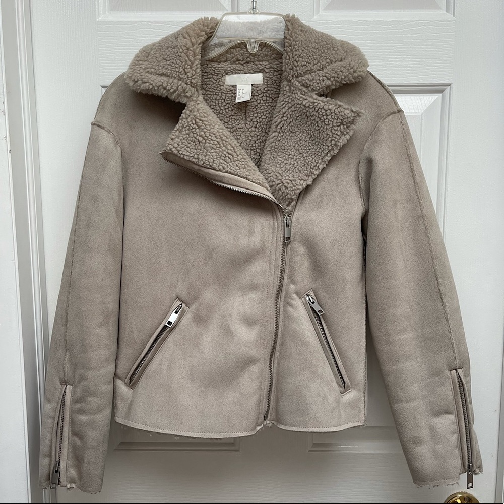 H&M Faux Suede Shearling-Lined Biker Jacket Size 0